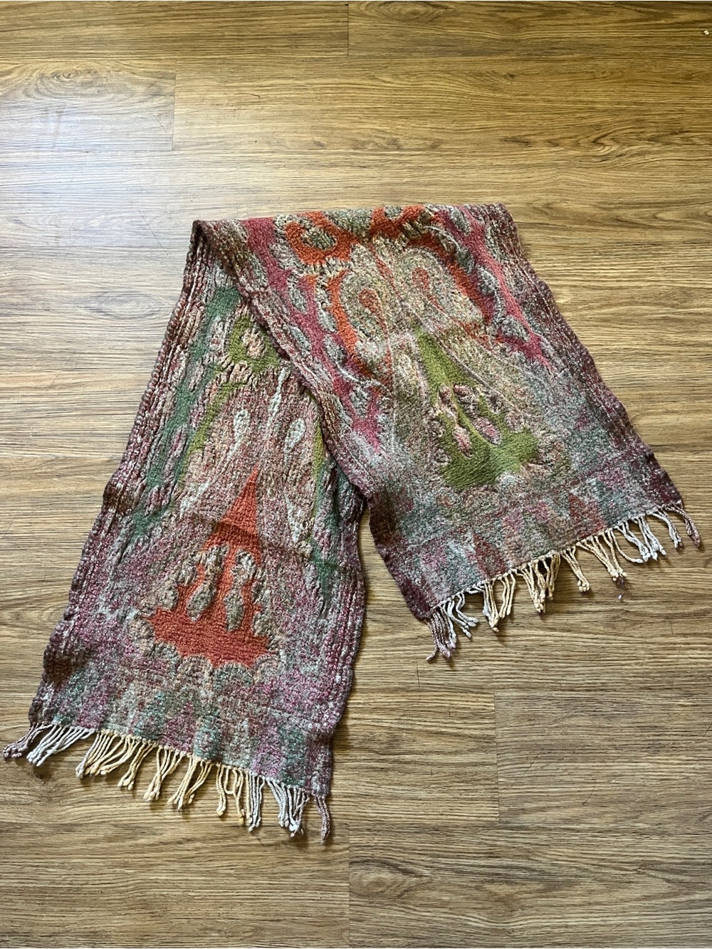 Vintage Woven Wool Boho Floral Fringe Scarf Shawl Earthtones Paisley Tribal